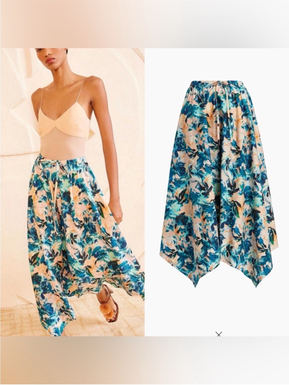 Ulla Johnson Teal & Cream Floral Handkerchief Hem Skirt